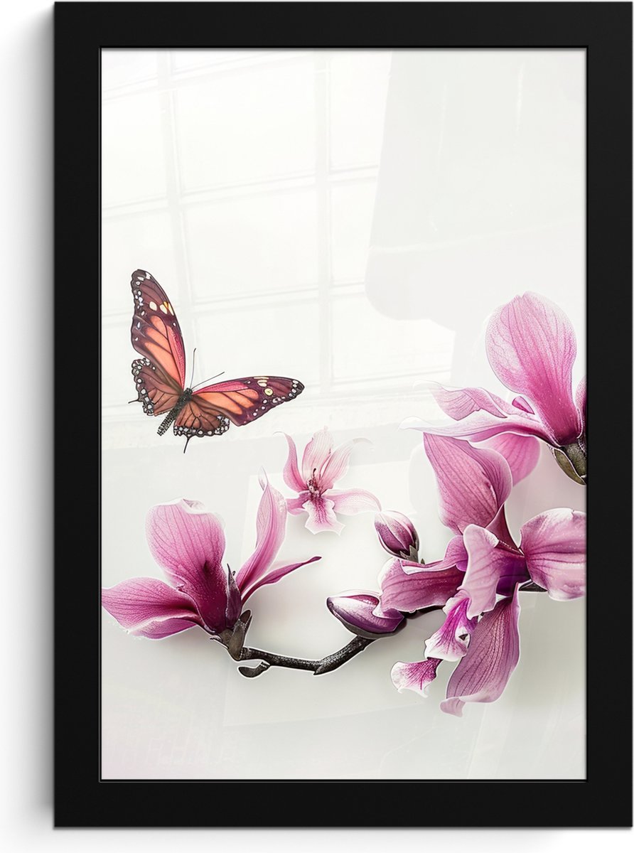 FrameYourWall Poster in lijst - Fotolijst 20x30 cm - Posters - Bloesem - Vlinder - Roze - Natuur - Wit - Posterlijst zwart - Wanddecoratie badkamer - Muurdecoratie WC - Decoratieve accessoires - Toilet muur decoratie Bloem - Vlinder