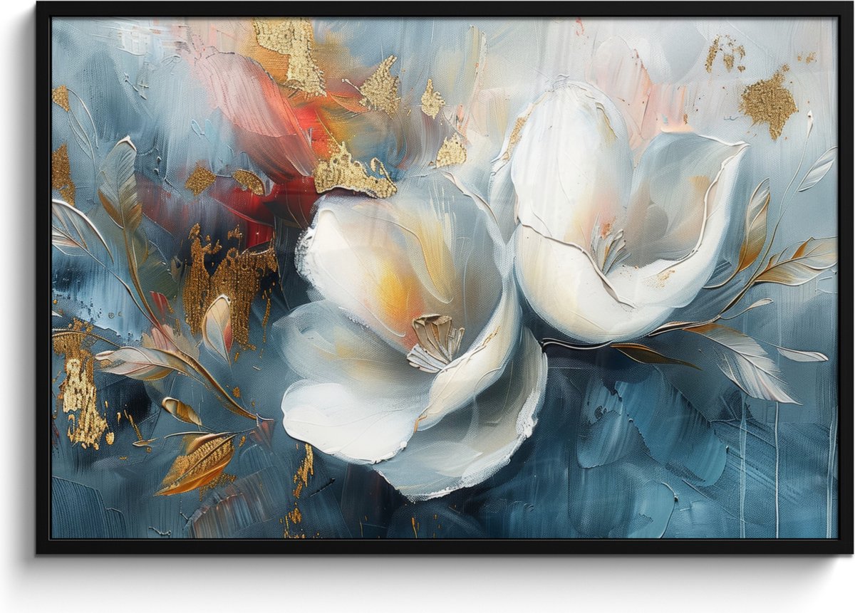 FrameYourWall Poster in lijst - Fotolijst 120x80 cm - Posters - Bloemen - Wit - Goud - Kunst - Abstract - Posterlijst zwart - Decoratie - Wanddecoratie woonkamer - Muurdecoratie slaapkamer