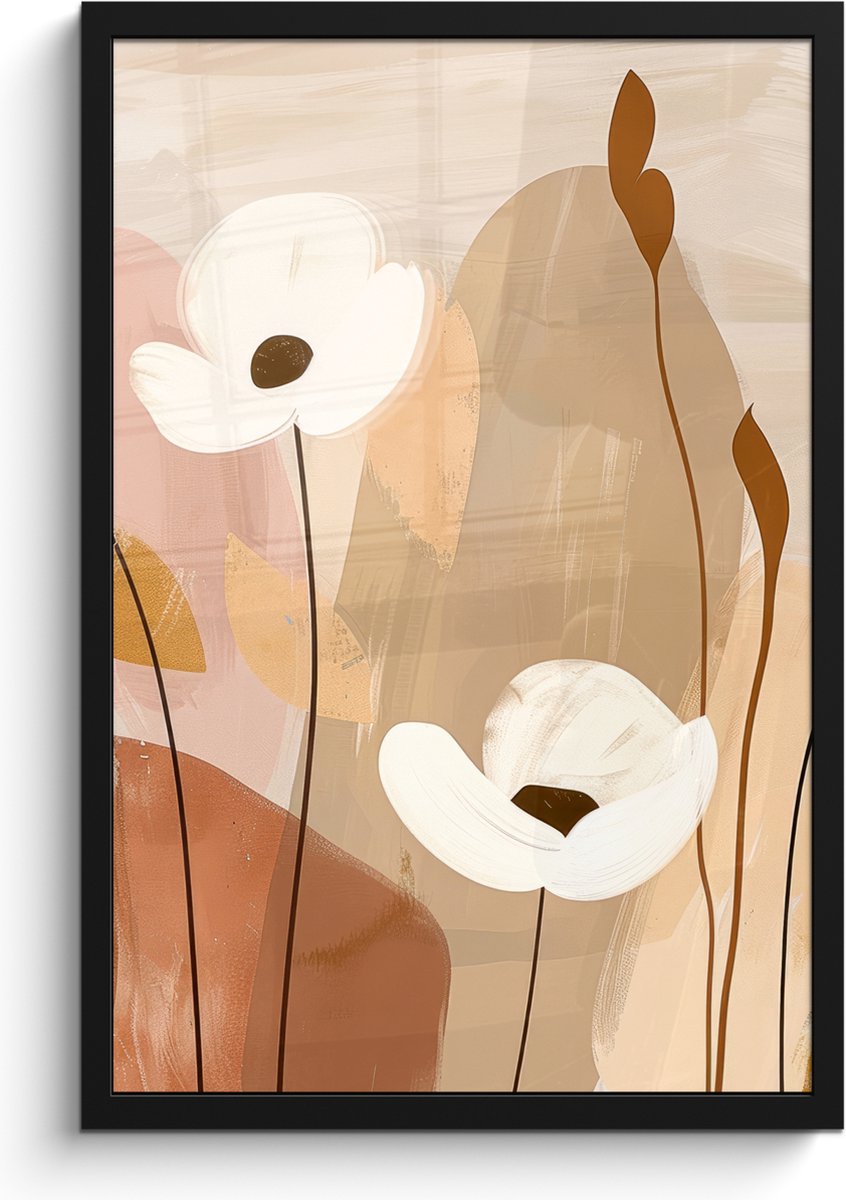 FrameYourWall Poster in lijst - Fotolijst 40x60 cm - Posters - Bloemen - Abstract - Beige - Line art - Posterlijst zwart - Decoratie - Wanddecoratie woonkamer - Muurdecoratie slaapkamer
