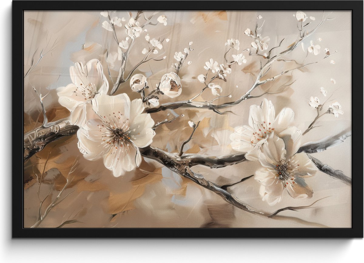 FrameYourWall Poster in lijst - Fotolijst 60x40 cm - Posters - Bloemen - Natuur - Wit - Bloesem - Abstract - Posterlijst zwart - Decoratie - Wanddecoratie woonkamer - Muurdecoratie slaapkamer