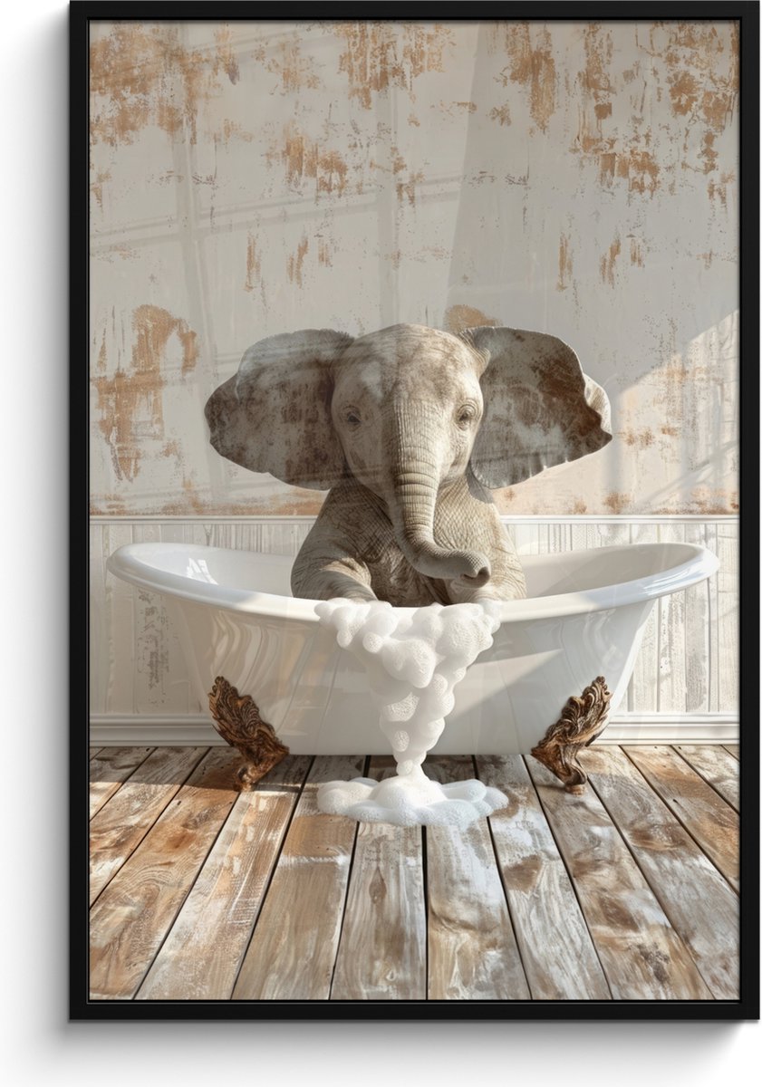 FrameYourWall Poster in lijst - Fotolijst 80x120 cm - Posters - Vintage - Olifant - Badkuip - Schuim - Wilde dieren - Posterlijst zwart - Wanddecoratie badkamer - Muurdecoratie WC - Decoratieve accessoires - Toilet muur decoratie
