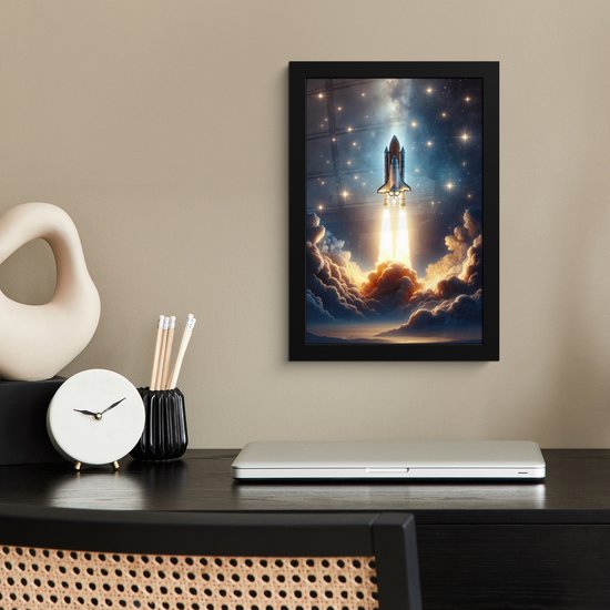 Affiche sous cadre - Cadre photo 20x30 cm - Posters - Voyage spatial - Fusée - Espace - Etoiles - Cadre affiche noir - Décoration murale pour chambre ado - Décoration chambre ado - Accessoires chambre ado jeunesse