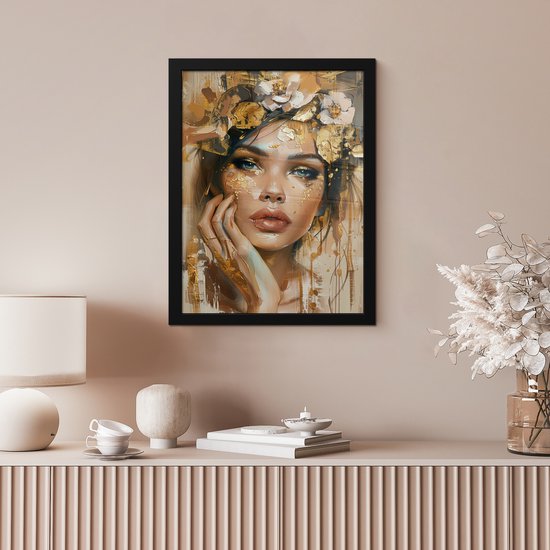 Affiche sous cadre - Cadre photo 30x40 cm - Posters - Femme - Fleurs - Or - Portrait - Cadre affiche noir - Décoration - Décoration Décoration murale salon - Décoration murale chambre