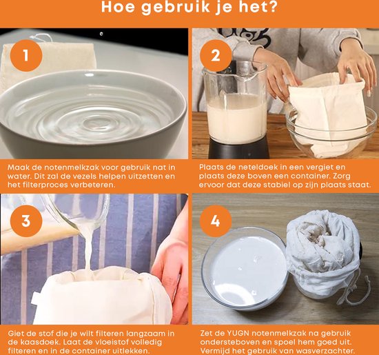 YUGN Étamine Tissu Ortie Sac à Lait de Noix LOT de 2 - Katoen Bio Ecru avec Couture Renforcée - Pour Faire du Lait d'Amande et du Fromage - 35x35cm - Astuce Cadeau