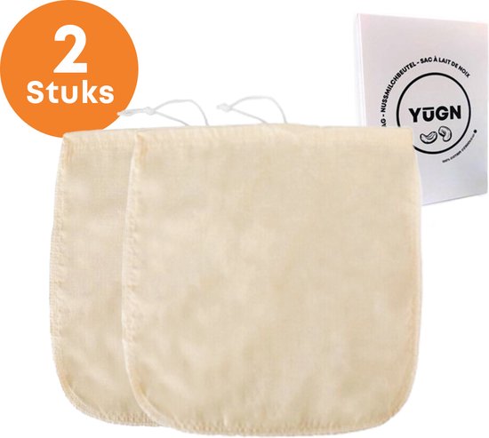 Foto: Yugn kaasdoek neteldoek notenmelkzak set van 2 ongebleekt biologisch katoen met verstevigde naad voor maken van oa amandelmelk en kaas 35x35cm cadeau tip