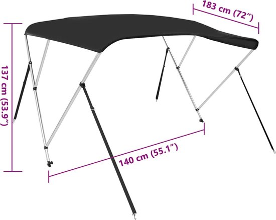 vidaXL Bimini Top 3 arches Zwart 183 x 140 x 137 cm Bimini Top - Voilier - Toit de bateau - Protection solaire - Accessoires de bateau
