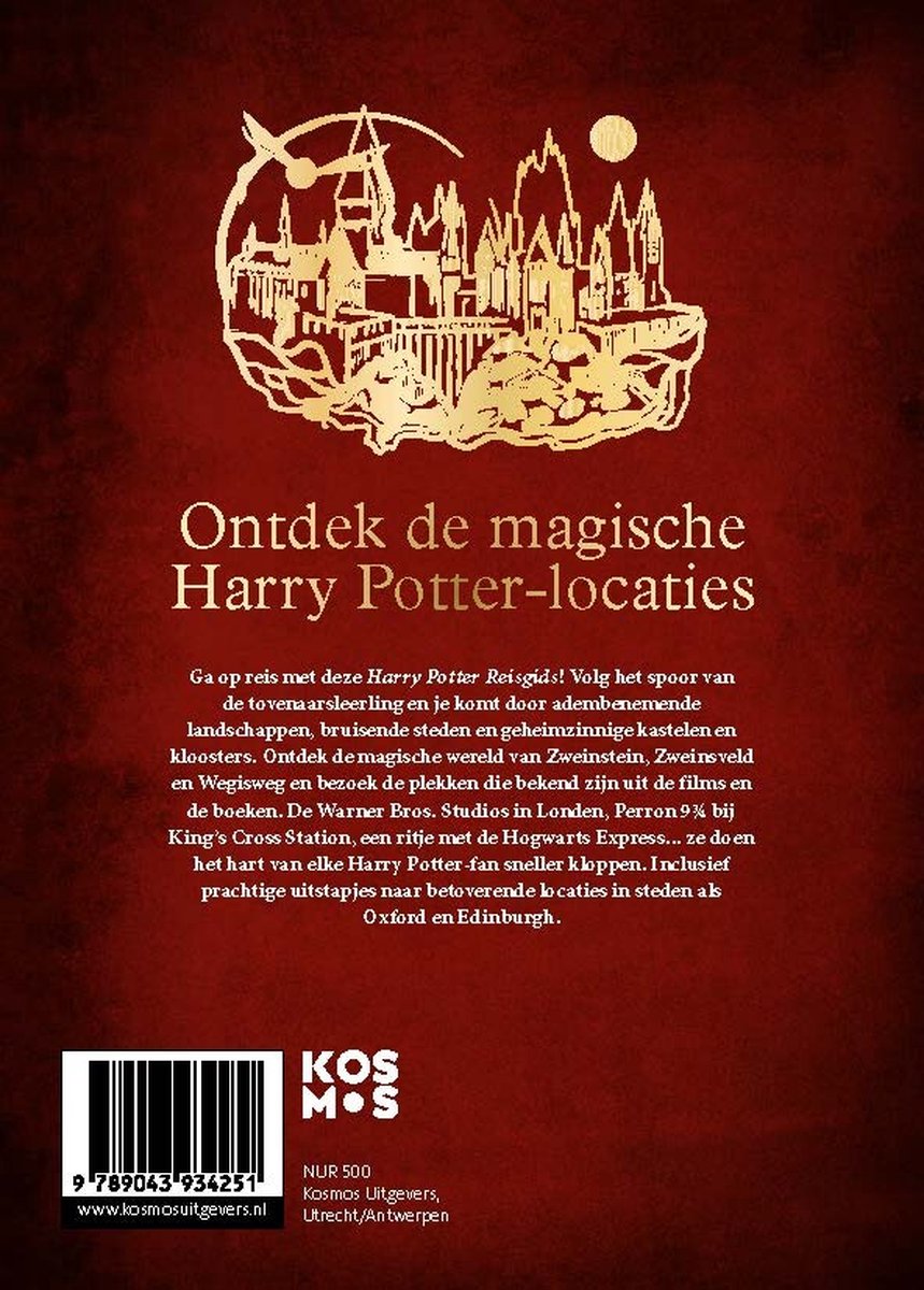 Boekomslag 'Harry Potter Reisgids' met een silhouet van Hogwarts.