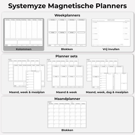 Aperçu des différents types de planificateurs magnétiques Systemyze, y compris des calendriers hebdomadaires, des calendriers mensuels et des ensembles de planificateurs.