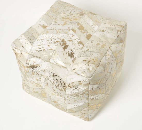 Homescapes Pouf en cuir tacheté or, 50 x 50 x 40 cm