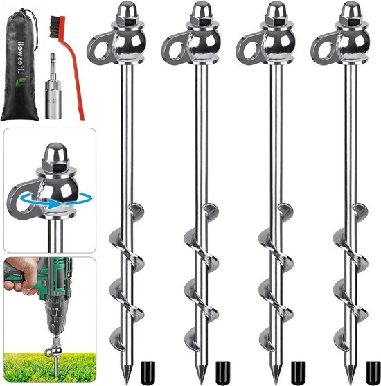 Lot De 4 Ancres De Sol à Visser - Pour Tente, Trampoline, Abri De Jardin - Robustes Et Longues (30 Cm)