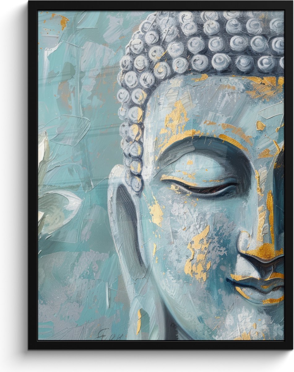 FrameYourWall Poster in lijst - Fotolijst 60x80 cm - Posters - Boeddha - Bloem - Lotus - Goud - Blauw - Posterlijst zwart - Decoratie - Wanddecoratie woonkamer - Muurdecoratie slaapkamer Boeddha - Blauw