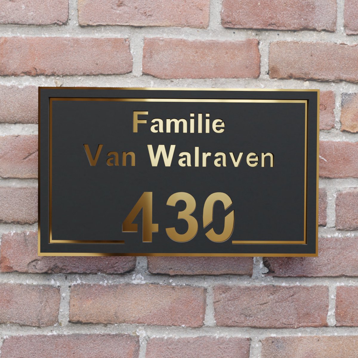Naambordje voordeur - Huisnummerbord - Rechthoek kader - 25x15 - zwart/goud - blinde bevestiging