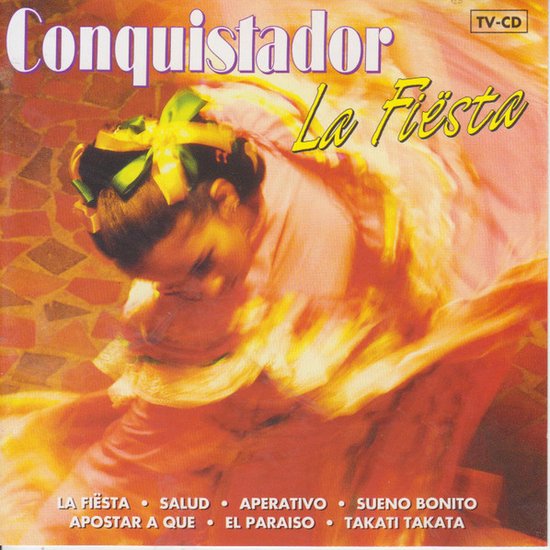 Boek "Conquistador - La Fiesta". Meisje met strik in haar haar, in een roze jurk.