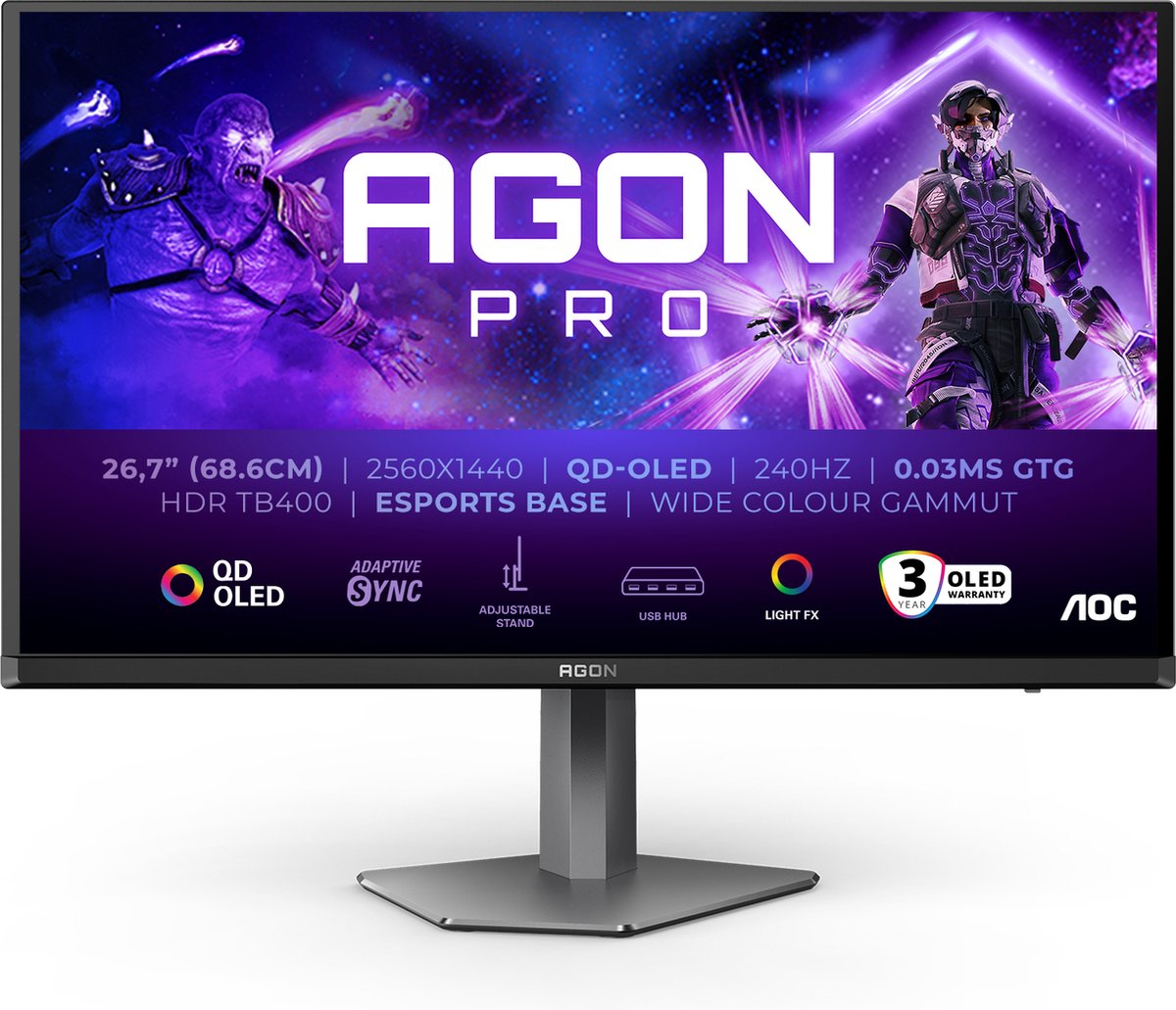 AOC AGON PRO AG276QZD2 oled-monitor 240Hz, HDMI, DisplayPort, USB, Audio