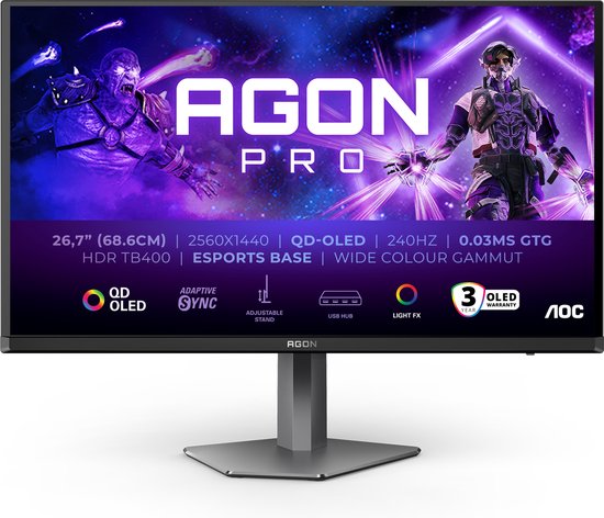 AOC AGON PRO AG276QZD2 - QHD OLED Gaming Monitor - 240hz - Esports Base - USB-hub - 27 inch