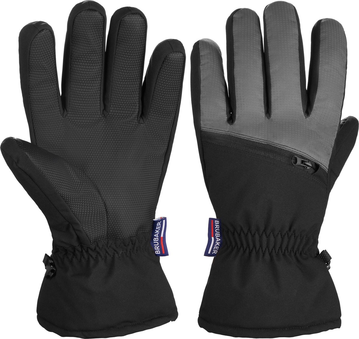 BRUBAKER Handschoenen Winter - Waterdicht en Winddicht - Ski Handschoenen voor Mannen en Vrouwen - Extra Warme Handschoenen - Thermo Handschoenen - Wintersport Schaatsen Skiën Snowboarden - Met Ritszak - Zwart Grijs L/XL