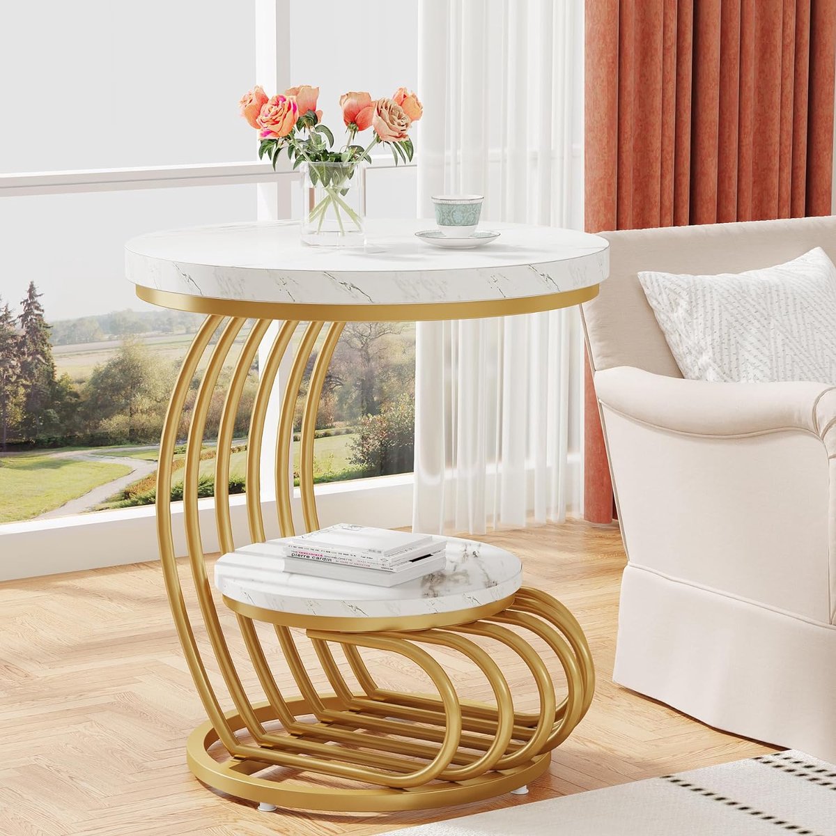 Tribesigns Moderne Ronde Bijzettafel - 2-laags Imitatiemarmeren Salontafel op Stevig Metalen Frame - Wit en Goud - Woonkamertafel, Kleine Tafel voor Woonkamer Slaapkamer