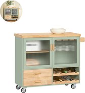 Bol.com Keukeneiland - Verplaatsbaar - Keukenkast - Dressoir - Organizer - Kasten - Houten Werkblad - Lade - Groen aanbieding