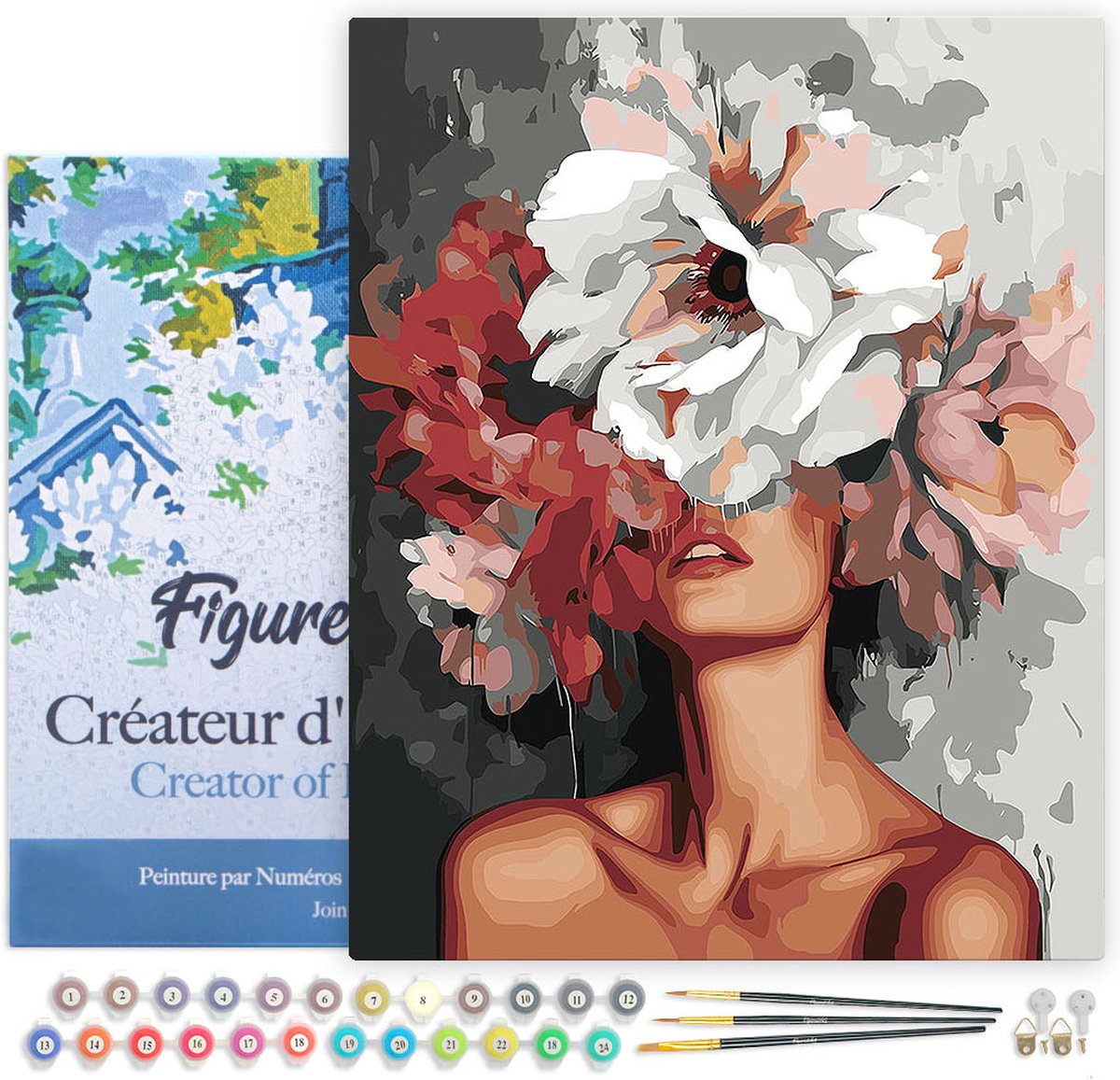 Figured'Art Schilderen op Nummer Volwassenen met lijst Schoonheid achter Bloemen - Handwerk acrylverf Kit DIY Compleet - 40x50cm Canvas al ingelijst