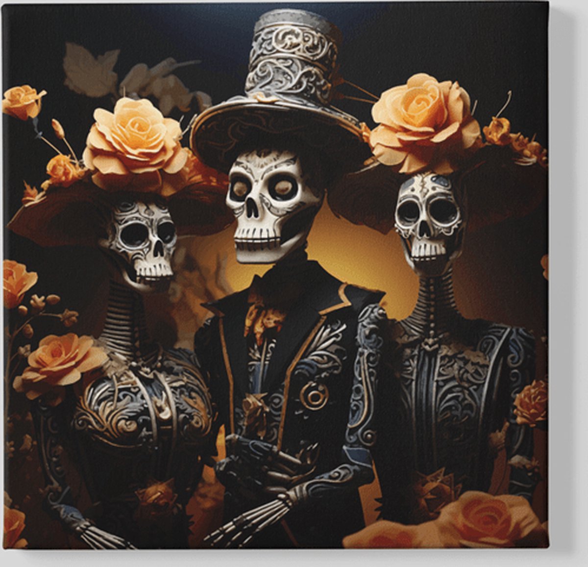 Trendex Global Vierkant Canvas Schilderij - Skeletten - 60x60x2 cm Geel