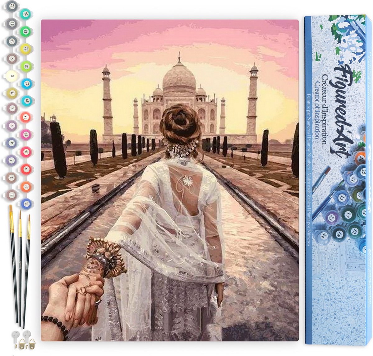 Figured'Art Schilderen op Nummer Volwassenen canvas Romantische wandeling Taj Mahal - Handwerk acrylverf Kit DIY Compleet - 40x50cm zonder frame