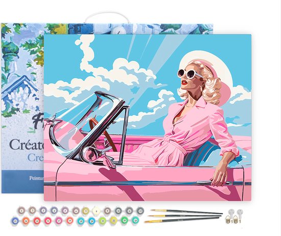 Figured' Art Peinture par numéros Adultes avec cadre Diva dans une voiture rétro rose - Kit de peinture acrylique artisanal DIY complet - Toile 40 x 50 cm déjà encadrée