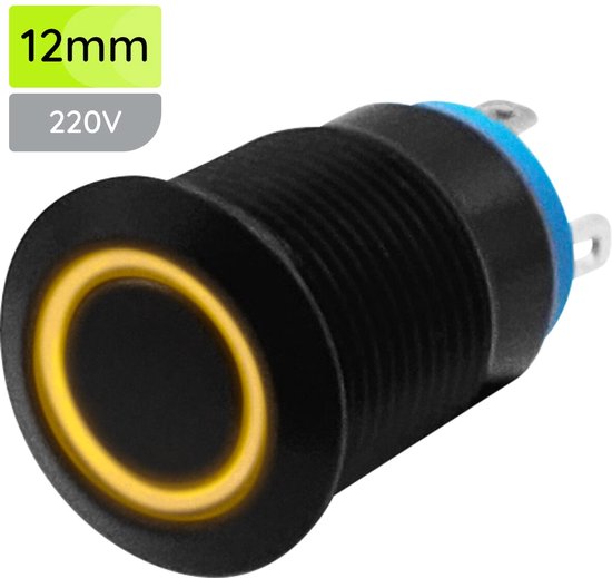 Interrupteur momentané métallique ProRide 220 V OFF-(ON) - 12 mm - Interrupteur momentané - Résistant aux éclaboussures - Indication LED jaune