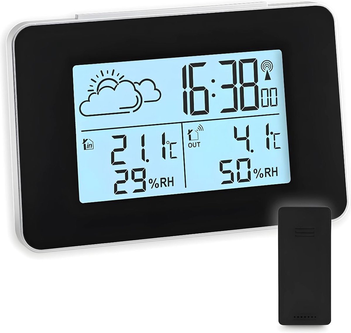 DD Weerstation met Buitensensor - Weerstation Binnen en Buiten - Weerstation Draadloos Binnen en Buiten - Alarmfunctie - Radiofunctie - Zwart - Inclusief Batterijen