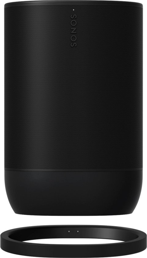 Zwarte Sonos Move met ronde basis en een cirkelvormige laadring.