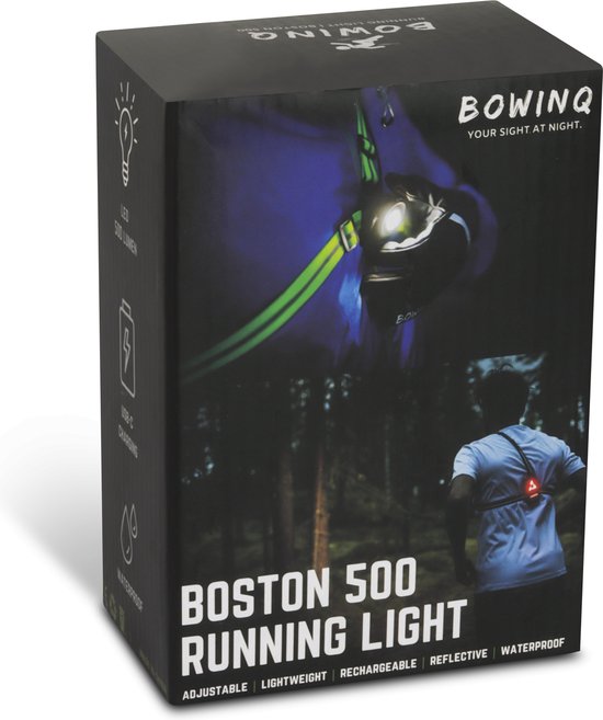 Emballage de la lumière de course Boston 500 avec image d'un homme courant dans la forêt avec un éclairage.