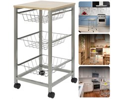 Keukentrolley op Wieltjes - Trolley - Rolwagen - 3 Uitneembare Manden - 33,5cm x 36cm x 68cm - Metaal & Hout - 4 Zwenkwielen - Serveerwagen - Eenvoudig te Monteren - Inclusief EBOOK