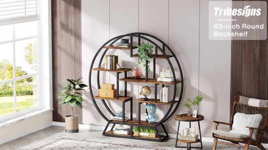 TRIBESIGNS - Bibliothèque - Bibliothèque ronde avec 5 Planches - Industriel - Aggloméré - Marron/ Zwart - 150 x 30 x 160 cm