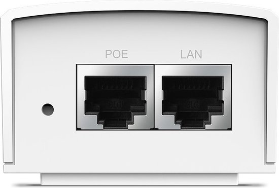 Witte TP-Link voedingsadapter met POE en LAN ethernetpoorten en een klein gaatje.