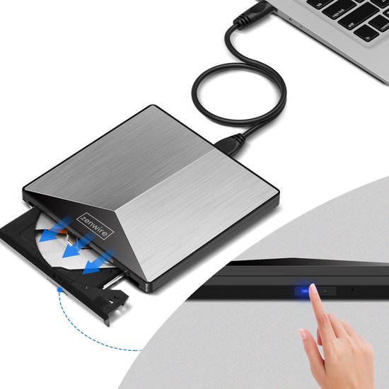 Zenwire Externe DVD Speler en Brander - Optical Drive - Optische Drive - Voor Laptop - USB 3.0 of USB C 3.1 - Plug & Play - Windows, MacOS & Linux - Hoes + Kabel - Externe CD speler- Aluminimum behuizing — afbeelding 3