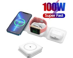 100W 3-in-1 Opvouwbaar Draadloos Laadstation - Snelle Oplader voor iPhone 15/14/13/12, Apple Watch & AirPods - Reislader voor Meerdere Apparaten, Compact Dock