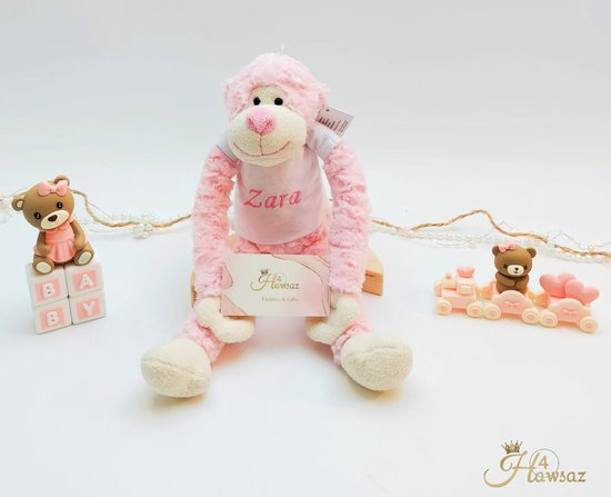 Slingeraapje met naam geborduurd - Hawsaz.nl cadeau - Baby knuffel met naam roze- Geboorte cadeau - Cadeau voor jongens en meisjes - Verjaardag cadeau - Baby en peuter cadeau - Kraamcadeau - Gepersonaliseerde cadeau - Fluffy knuffel -Kado met naam — afbeelding 4