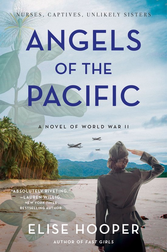 Boekcover met titel "ANGELS OF THE PACIFIC", een vrouw in militair uniform die salueert op een strand, met vliegtuigen in de lucht en een tropisch eiland op de achtergrond.