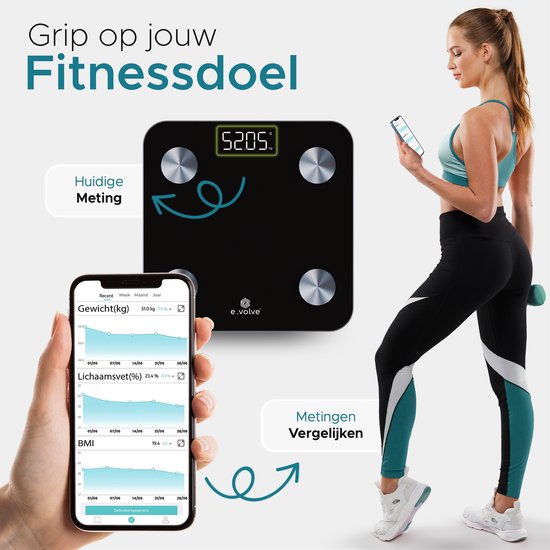 e.volve S5x Weegschaal Personenweegschaal Digitaal - Slimme Weegschaal met 20x Lichaamsanalyse - Digitale Weegschaal - Incl. App - Zwart