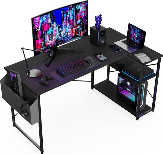 Foto: Bureau l vormig waterproof krasbestendig gamebureau 120x70 cm gaming desk met verstelbare voetkussentjes game tafel met opbergzak incl opbergplanken