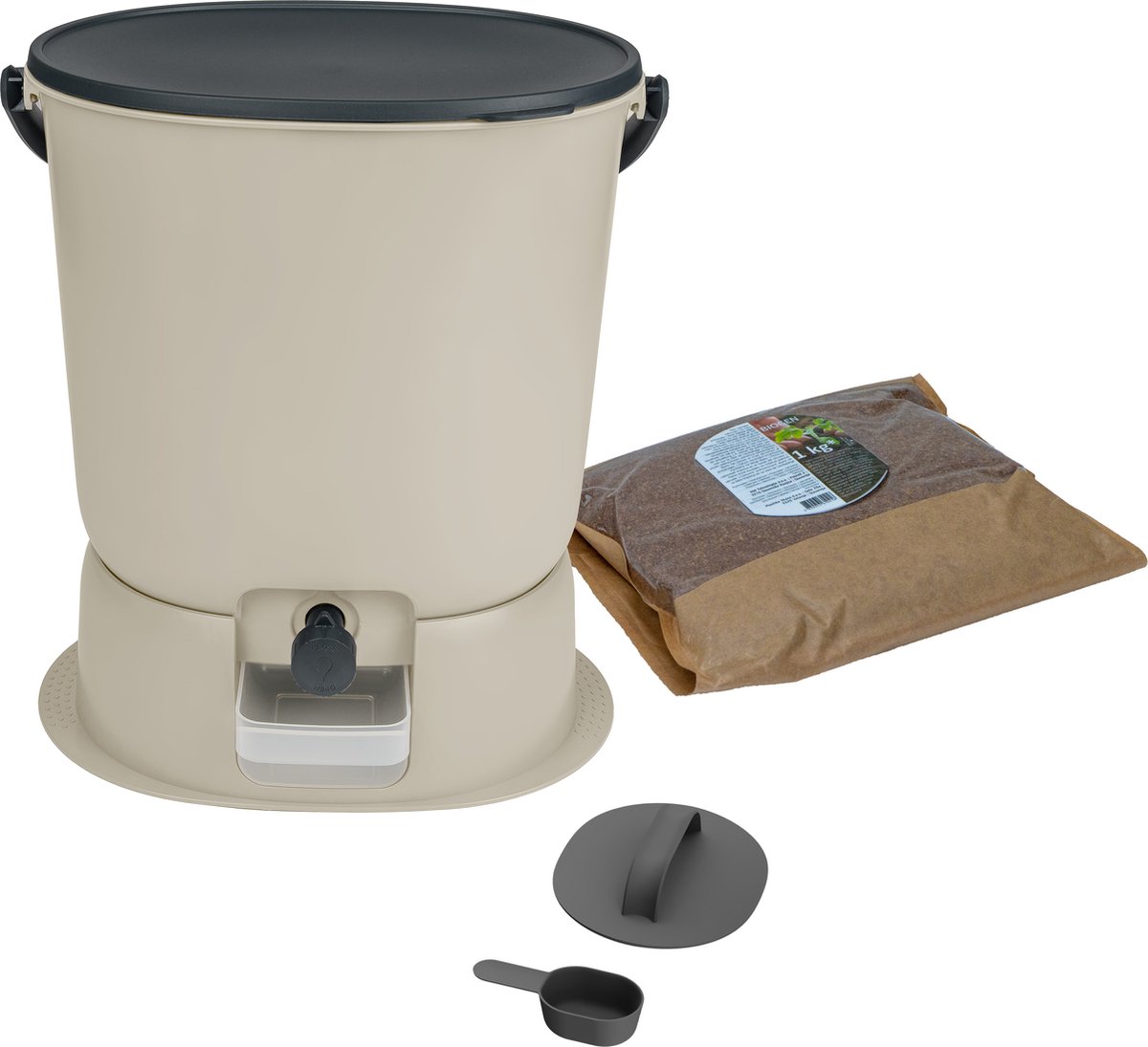 Skaza Bokashi Essential Bio Afvalbak Keuken (15,3 Liter) + Onderstel - Compostbak Keuken en Tuin Gemaakt van Gerecycled Plastic - Starterset + incl. 1 kg Fermentatiestarter - Crème