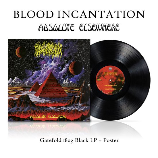 Albumcover met kosmisch landschap, piramides en planeten, naast een zwarte LP met label. Tekst "ABSOLUTE ELSEWHERE".