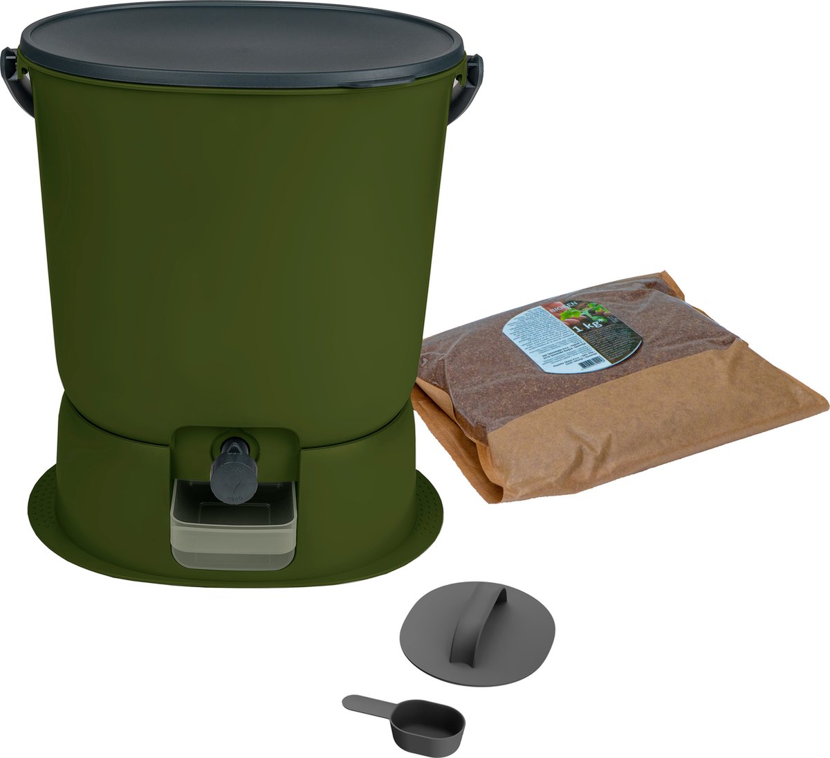 Skaza Bokashi Essential Bio Afvalbak Keuken (15,3 Liter) + Onderstel - Compostbak Keuken en Tuin Gemaakt van Gerecycled Plastic - Starterset + incl. 1 kg Fermentatiestarter - Olijf