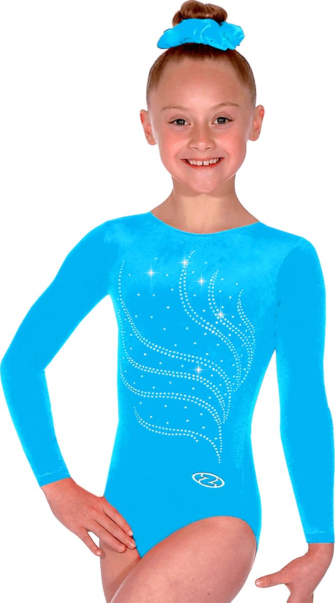 Turquoise effen velours Tiara turnpakje lange mouwen maat 128-134 meisjes gympakje blauw blauwe lichtblauw lichtblauwe mint minte velourse fluweel fluwelen stretch steentjes