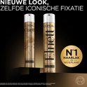 Twee gouden L'Oréal Elnett haarsprays, 'Nieuwe Look, Zelfde Iconische Fixatie'.