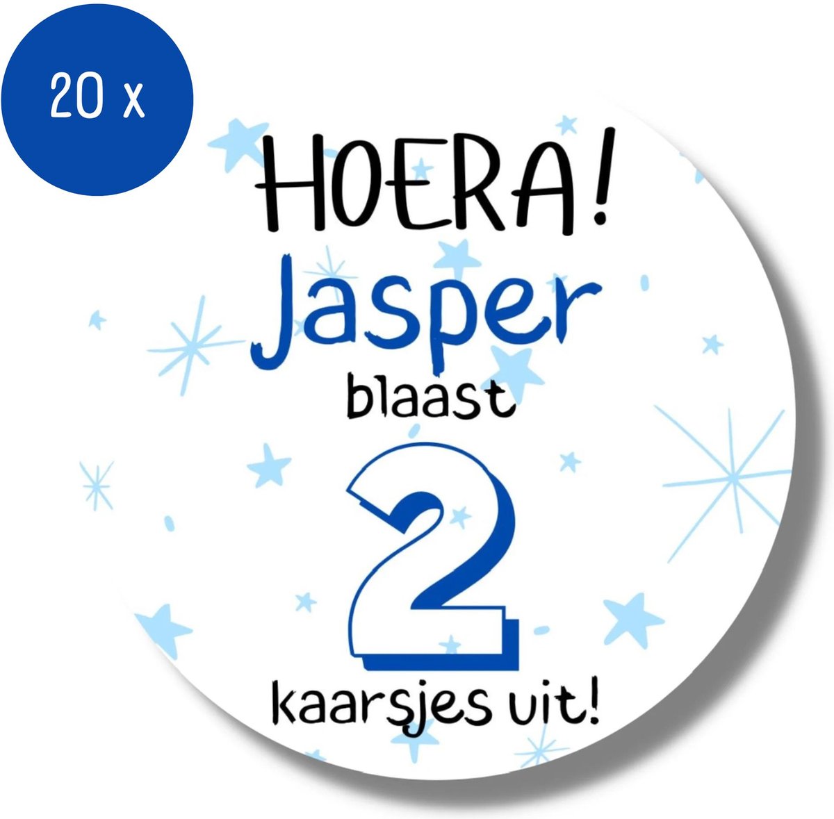 20 x Gepersonaliseerde Traktatie Stickers Verjaardag Blauw - Blaast Kaarsjes Uit - Naam en Leeftijd Kinderen - 4 cm — afbeelding 3