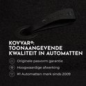 Gros plan d'un tapis de coffre noir avec le texte 'Kovvar : Qualité leader en tapis de voiture', 'Garantie d'ajustement d'origine', 'Finition de haute qualité' et 'N°1 Marque de tapis de voiture depuis 2009'.