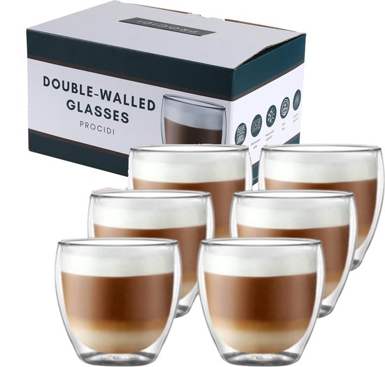 Foto: Procidi dubbelwandige glazen theeglazen 250 ml 6 stuks latte macchiato cappucino glazen koffieglazen dubbelwandig koffietassen vaatwasserbestendig