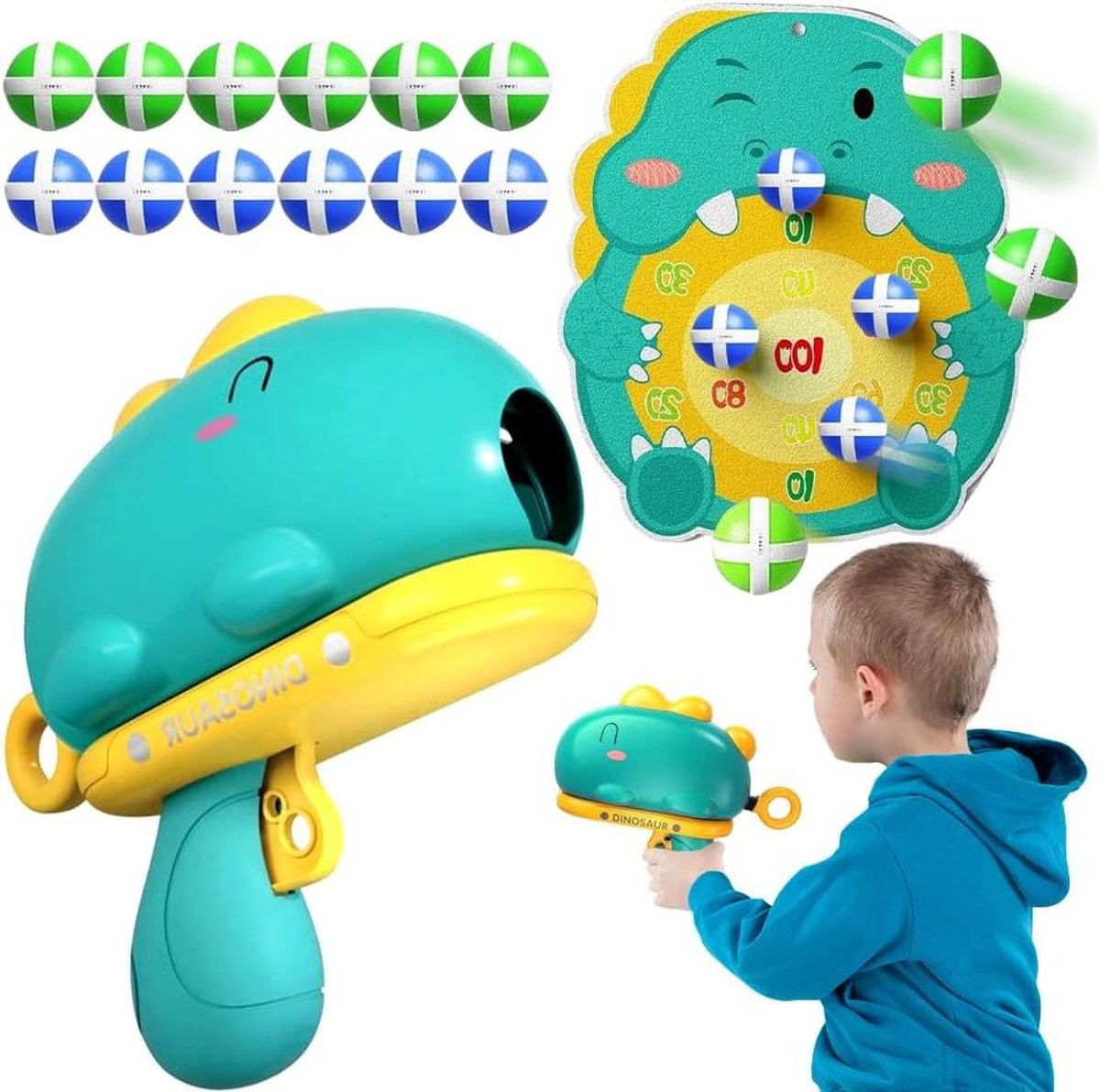 Dartbord schietspeelgoed met klittenband - Dinosaurus thema - om op te hangen - incl. speelgoedpistool, schietschijf en 12 ballen - cadeau voor kinderen van 3-8 jaar
