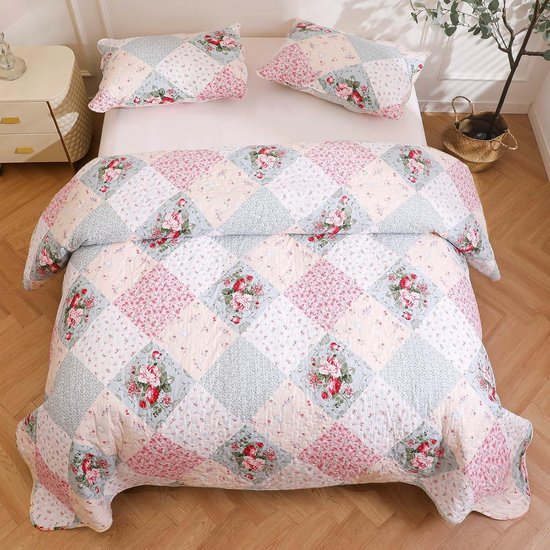 Patchworkdeken 220x240 cm - Roze - Gewatteerde Bedsprei Microvezel - Multifunctionele Deken Bankdeken - Dekbed + 2 Kussenslopen 50x70 cm