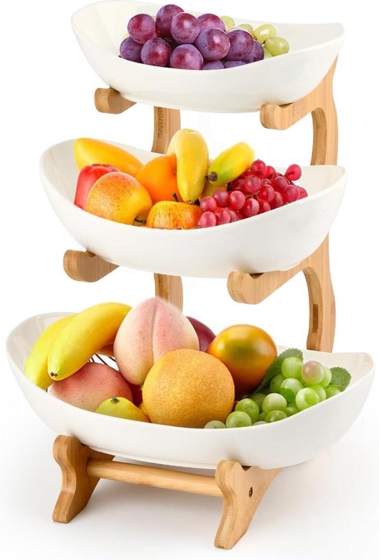 Fruitmand Voor De Tafel, Fruitmand, 3 Etages, Fruitmand Voor Het Gezin Moderne Fruitmand Met Standaard Van Natuurlijk Bamboe Voor Groenten Fruit